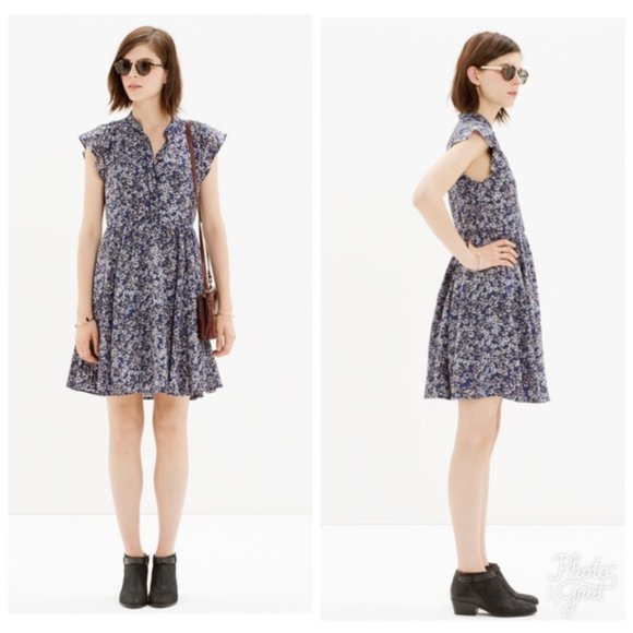 Madewell Dresses & Skirts - Madewell Silk Dress Newsprint Floral Blue Gray